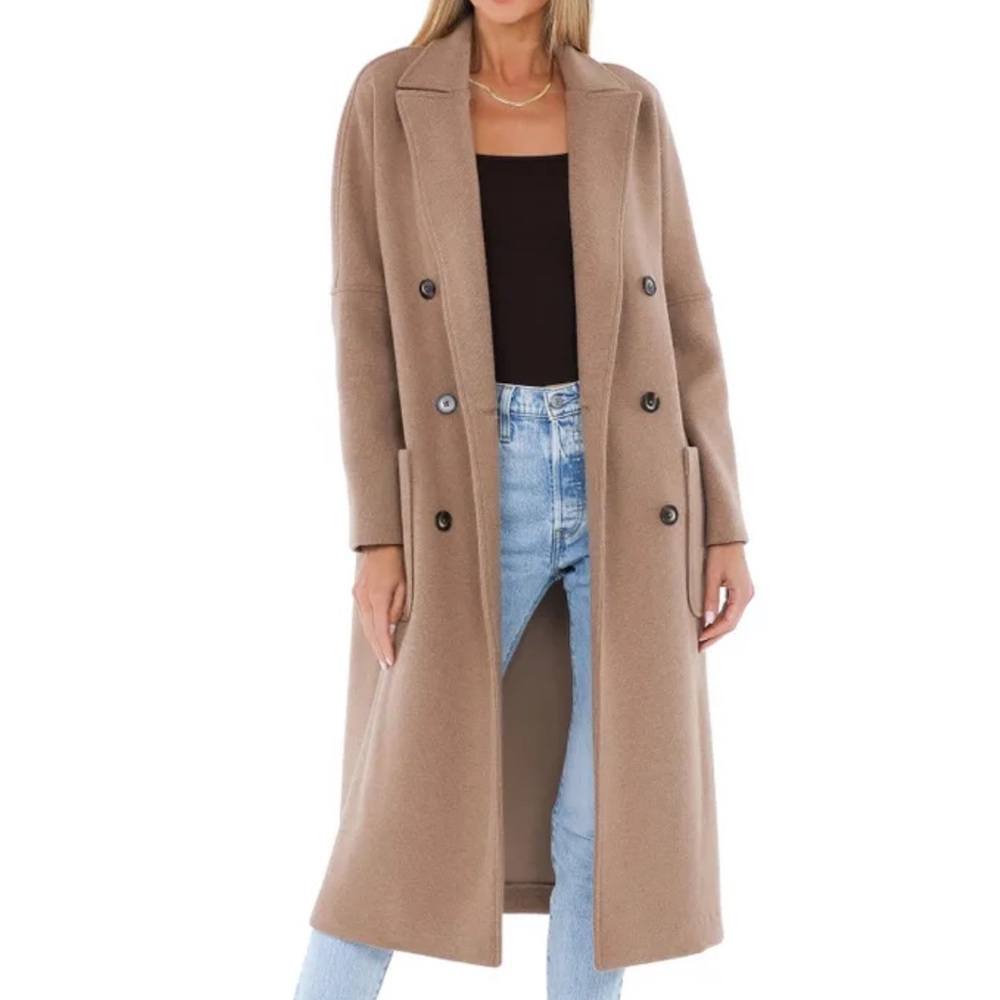 Line & Dot Long Double-Breasted Wool Blend Coat in Camel
